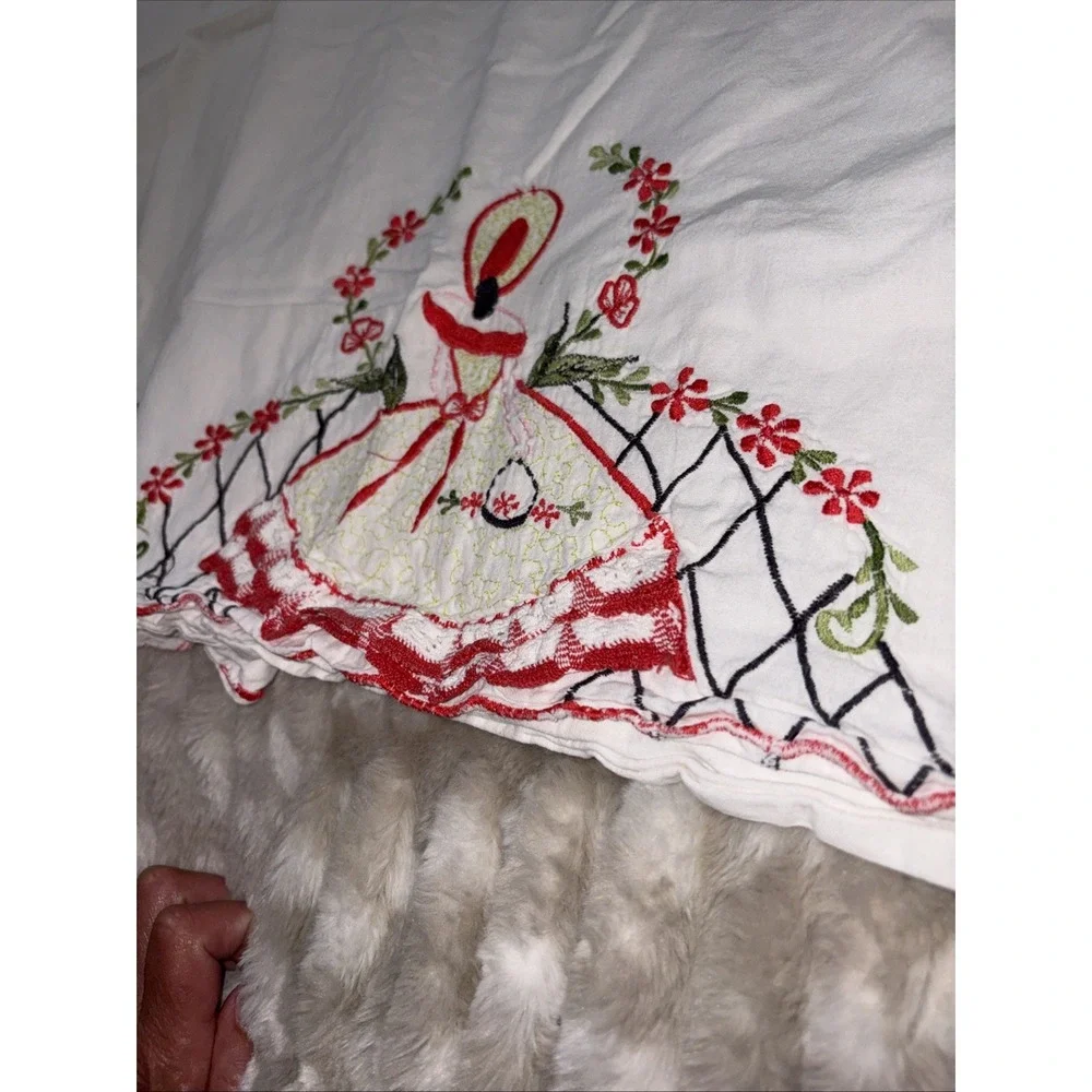 2 Vintage Southern Belle Hand Embroidered Crocheted Red Pillowcases Cottagecore